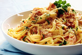 Picture of Spaghetti Alla Carbonara on a white serving bowl and parsley