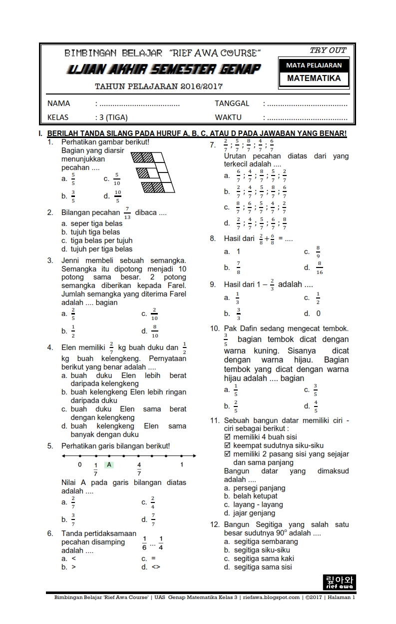 Kumpulan Soal Matematika Soal Ulangan Harian Matematika Kelas 4