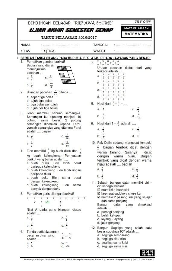 Soal Ulangan Matematika Sd Kelas 3