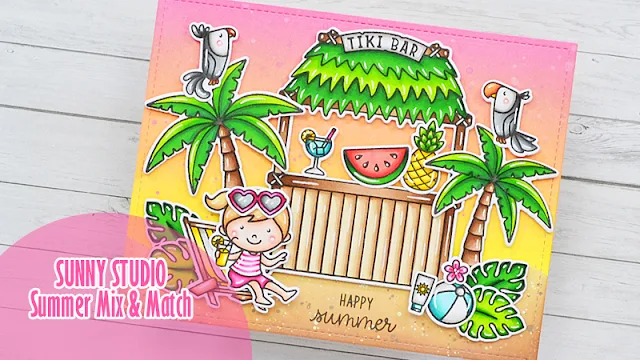 Sunny Studio Stamps: Tiki Time Summer Card by Marine Simon (featuring Beach Babies, Fabulous Flamingos, Kiddie Pool, Seasonal Trees, Sending Sunshine)