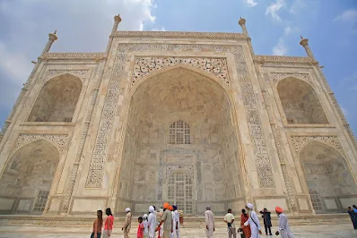 The Taj Mahal in Agra, India, showcasing its stunning white marble.