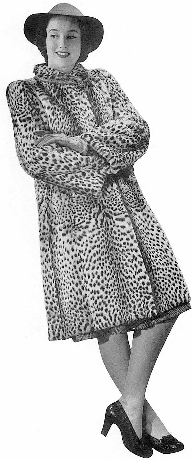 1940 fake fur fashion, a woman in a leopard skin coat