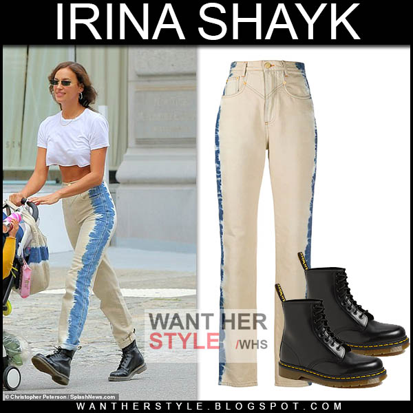 Irina Shayk wearing cream tie-dye print jeans