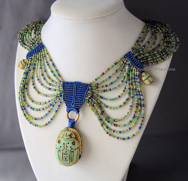 Egyptian style collar in micro macrame by Sherri Stokey.