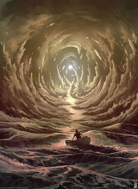 A painting of a person in a small rowing boat, without oars, on a rough sea, with the waves all churned up and rising up on the left and right, as though the boat is in a tunnel. But a path is seen through the water towards the sun on the horizon, giving it a sense of hope. Created by Jeffrey Smith