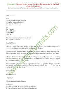 letter to bank for reactivation of credit card