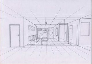 Ilustrasi gambar perspektif ruangan di rumah dengan satu titik