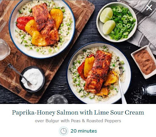 A GoodFood recipe - mmm Paprika-Honey Salmon with Lime Sour Cream over Bulgur with Peas & Roasted Peppers