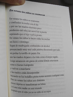 En verano los niños se enamoran y confunden la noche con el día y por eso las madres duermen poco pendientes del reloj del móvil de la puerta esperando que el hijo vuelva pronto. En verano los niños lo hacen todas las noches sea lunes o domingo: llegan de madrugada confundidos de alcohol pronunciando muy mal cada palabra discutiendo por todo sin probar la tortilla de patata fría que las madres dejaron a la vista como el mejor regalo. etc