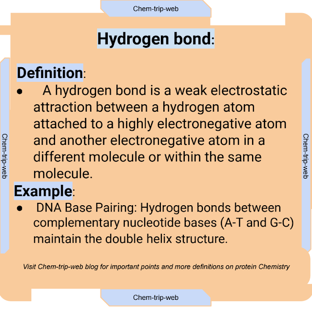 A hydrogen bond is a weak electrostatic attraction between a hydrogen atom attached to a highly electronegative atom and another electronegative atom in a different molecule or within the same molecule. DNA Base Pairing: Hydrogen bonds between complementary nucleotide bases (A-T and G-C) maintain the double helix structure