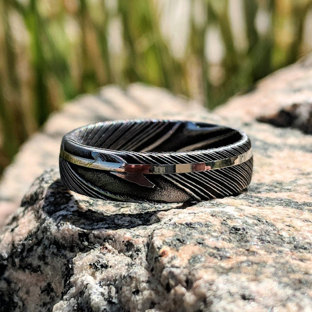 New 6mm Wide Damascus Steel Ring with 14k Solid White Gold Inlay