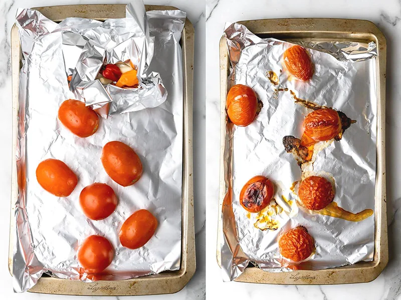 An image of tomatoes before roasting and after roasting in the oven.