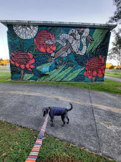Dog on leash in front of a flower mural