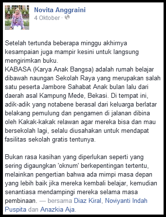 Kak Novita Anggraini dari Komunitas Sajubu a.k.a Satu Juta Buku (Untuk Anak Indonesia)