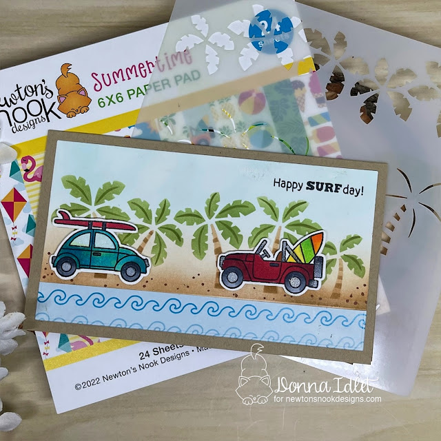 Donna Idlet, Newton's Nook, Beach Bound, die cutting, summer , palm tree line stencil, Summertime Paper Pad, copic coloring, ink blending, beach, jeep, cars