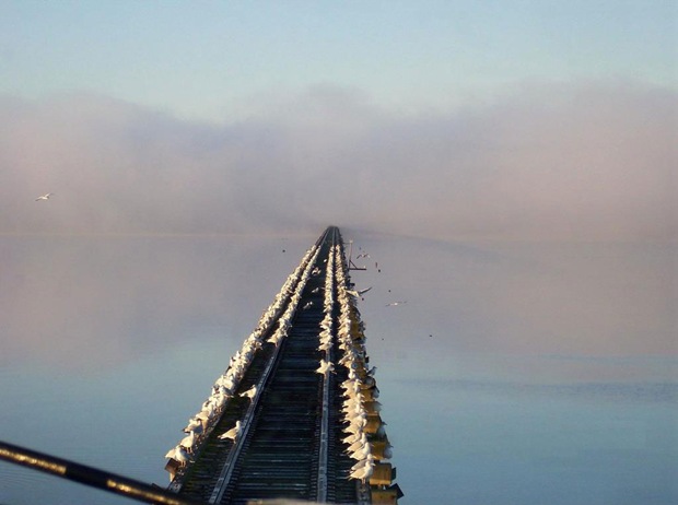 Railroad in fog at New Bern, North Carolina, USA