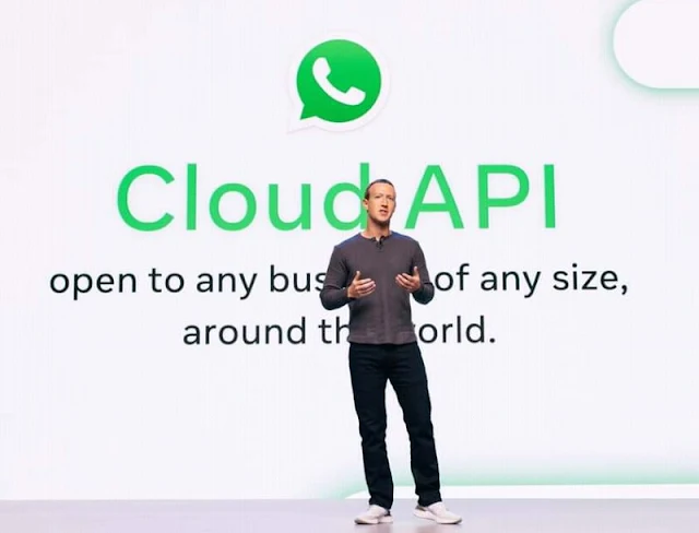 Alt: = "Mark Zuckerberg standing in front of image displaying WhatsApp Cloud API"