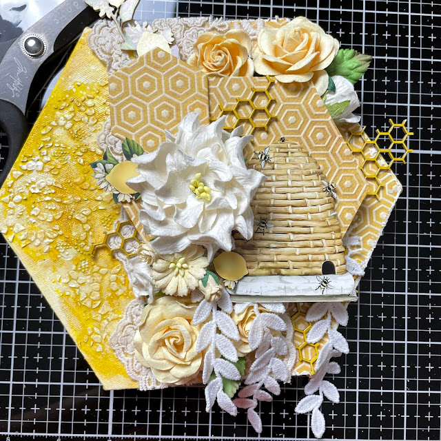 Mixed media canvas created with Reneabouquets lemon bee embellishment, sweet pea butterflies, beautiful board printed chipboard, beautiful beads glass hearts, gawdie girl glitter, lace. (scrapbooking, paper crafting, mixed media art)