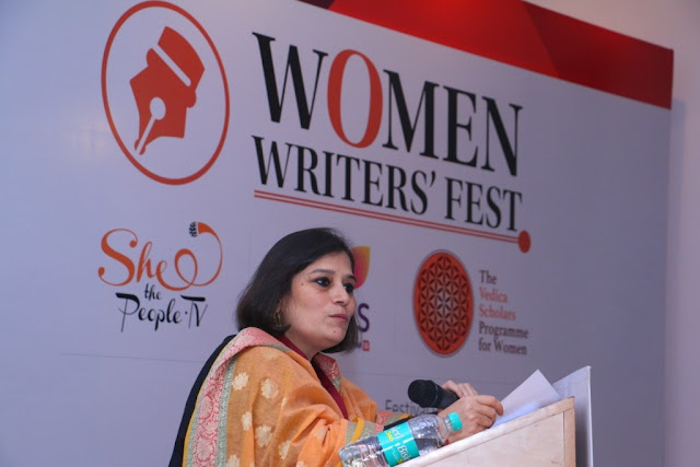 Anuradha Das Mathur speaking at women writer fest-min