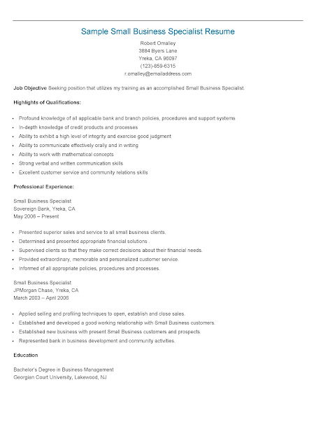 Sample Small Business Specialist Resume