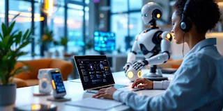 AI gadgets 2024, futuristic workspace with advanced AI gadgets and devices.