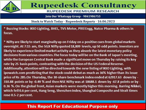 Stock to Watch Today - Rupeedesk Reports - 16.06.2023