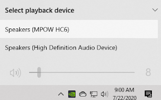 List of selectable playback devices when you click on the speaker icon for volume control in the system tray.