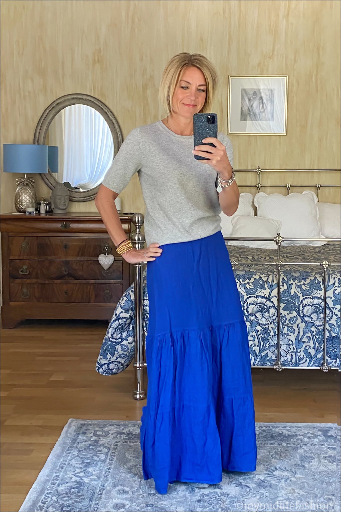 my midlife fashion, phase eight arvinder linen tiered maxi skirt, marks and Spencer pure cashmere short sleeve crew neck jumper, j crew suede tassel ballet flats