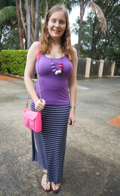 neon pink bag, purple tank, navy stripe maxi skirt outfit SAHM style | AwayFromBlue