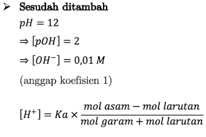 Suatu campuran penyangga yang terbentuk dari 500 mL larutan HCOOH 1 M dan 500 mL larutan HCOONa 1 M, ditambahkan 100 ml larutan yang pH-nya 12