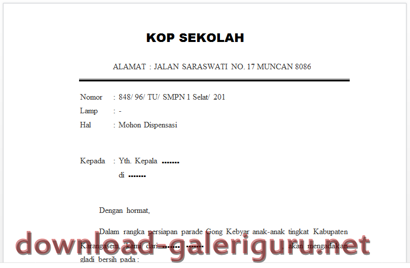 Contoh Surat Permohonan Ijin Dispensasi dari Guru Format 