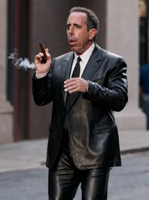 View from the knees up wearing a black leather suit Jerry Seinfeld holding a cigar looking silly in the face