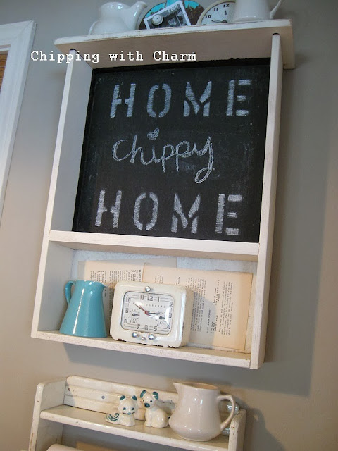 Chipping with Charm:  Getting Organized with Junk, Kitchen Drawer Chalkboard Shelf...http://chippingwithcharm.blogspot.com/