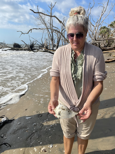 Me on the forested beach. My hair is pulled up in a bun with my khaki pants rolled up to my knees, a beige sweater and a mint green shirt are what I am wearing. I have my sunglasses on and have a large conch shell in my hand. I have just picked it up from the wet sand.