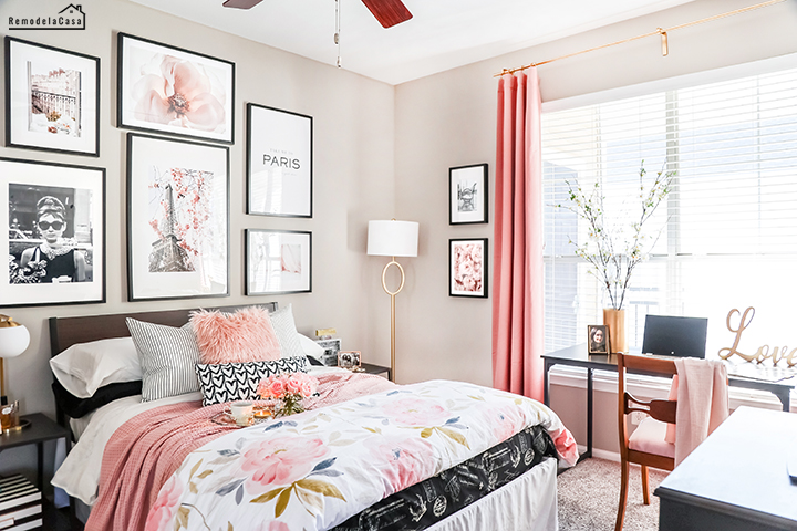 Paris bedroom makeover with gallery wall, gold ornate mirror and lots of pink