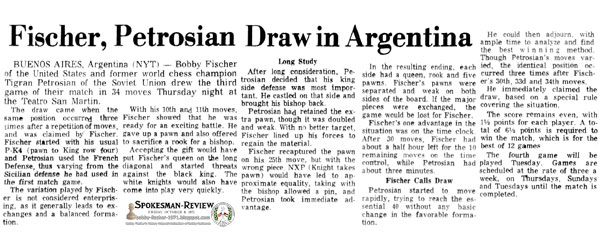 Fischer, Petrosian Draw in Argentina