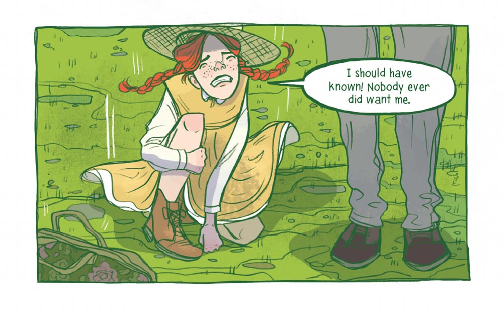 Scene where Anne Shirley is crying that no one wants her from Anne of Green Gables: A Graphic Novel adapted by Mariah Marsden, illustrated by Brenna Thummler