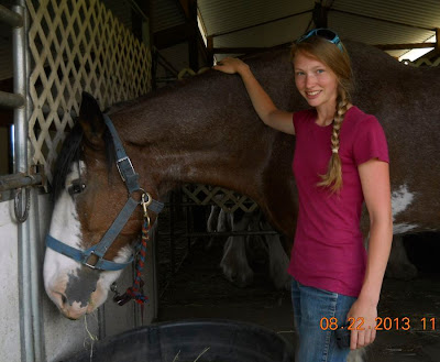 Girl standing next to Clydesdale horse
