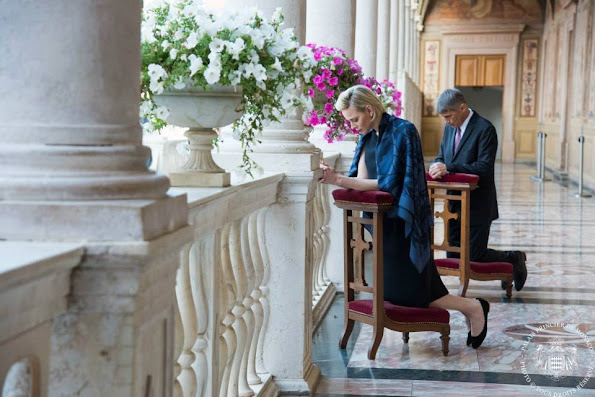 Princess Charlene of Monaco attended the celebrations of Corpus Christi from the Gallery of Hercules