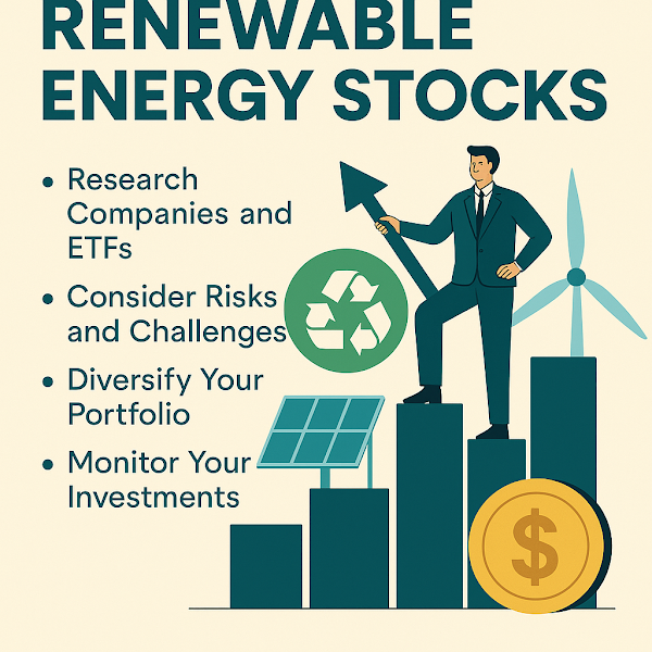 Infographic titled 'How to Invest in Renewable Energy Stocks' showing a businessperson standing on a bar graph, surrounded by icons of wind turbines, solar panels, a recycling symbol, and a coin, with four investment tips listed on the side.