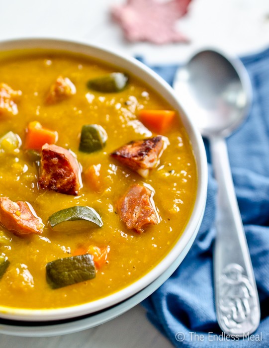 ROASTED SQUASH SOUP WITH CHORIZO AND VEGETABLES