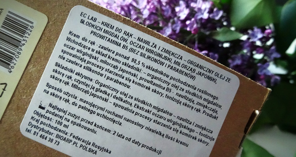 ec lab - natural organic, EO LABORATORIE - krem do rąk - nawilża i zmiękcza - organiczny olej ze słodkich migdałów, oczar wirginijski, miłorząb japoński, prowitamina B5 (bez silikonów i parabenów), krem idealny na jesień, naturalny krem do suchych dłoni