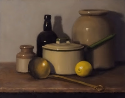 Oil painting of a soup ladle, a lemon, an enamelware pot and other items.