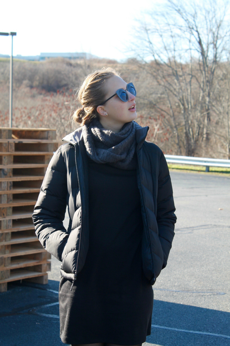 LBD, black puffer coat, grey infinity scarf, sparkle tights, black leather Chelsea boots