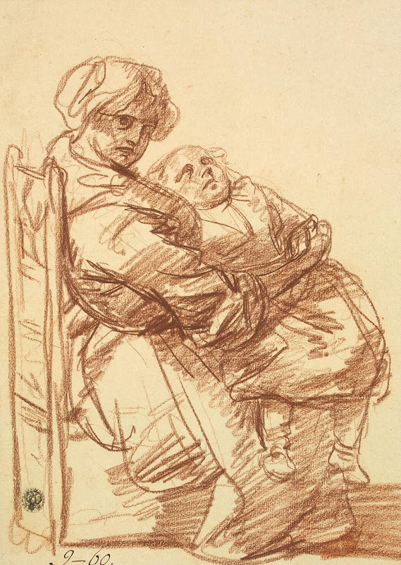 Woman with a Child on Her Knees by Jean-Baptiste Greuze - Genre Drawings from Hermitage Museum