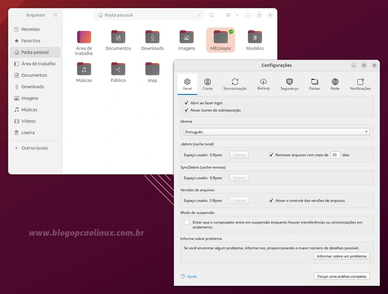 MEGAsync executando no Ubuntu 23.10 (Mantic Minotaur)
