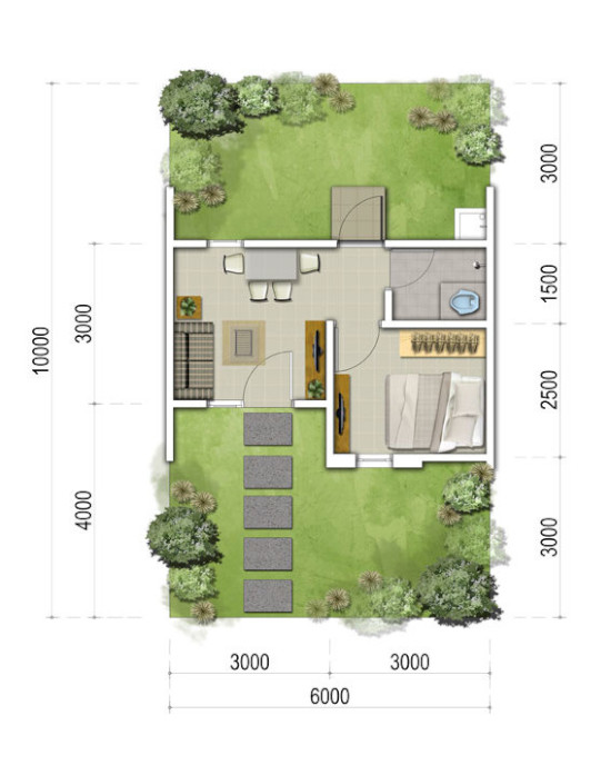 Denah rumah minimalis ukuran 6x10 meter 1 kamar tidur 1 lantai