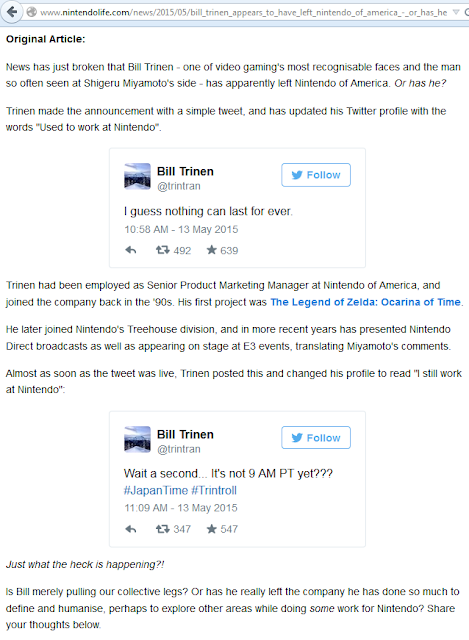 Nintendo Life reports Bill Trinen left Twitter tweet Trintroll