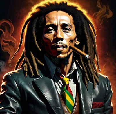 Bob Marley wearing a black leather blazer with a cigar at his cheek