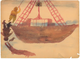 Watercolor of pirate ship with Tick Tock